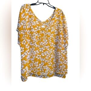 CAbi thrive top XL Yellow Floral Chiffon Double Layer V Neck Short Sleeve